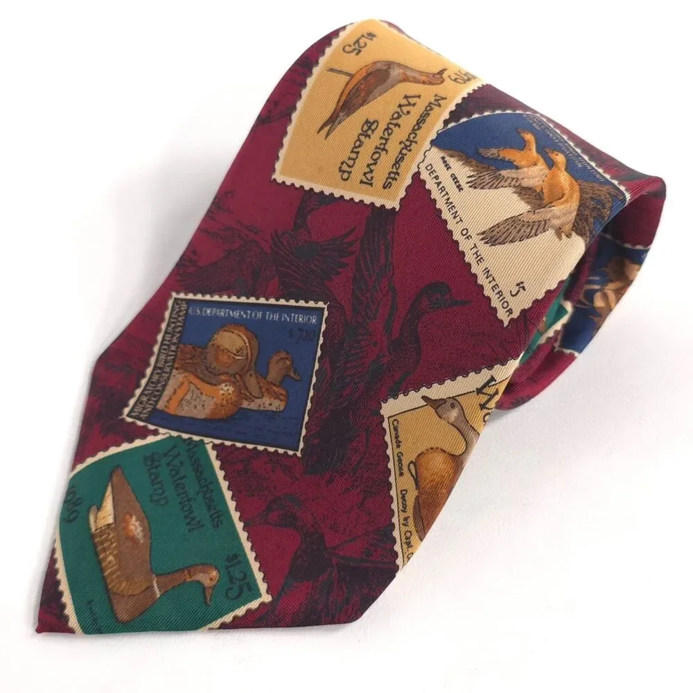 EDDIE BAUER Men's Silk Tie Ducks ITALY HAND‎ PRINTED Vintage USA MADE Hand Sewn
